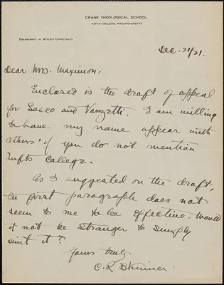 Clarence R. Skinner autograph letter signed to Selma Maximon, [Medford, Mass.], December 21, 1921