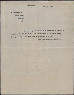 Sacco-Vanzetti Defense Committee telegram (copy) to Fabian Franklin, Boston, Mass., August 18, 1927