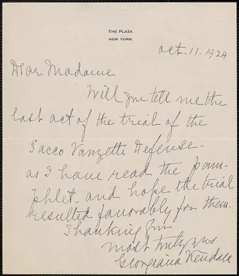 Georgina Kendall autograph note signed to [Sacco-Vanzetti Defense Committee?], New York, N. Y., October 11, 1924