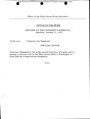 Addition to President's Schedule, Saturday, January 11, 1975