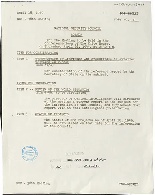 Agenda, Thirty-Eighth Meeting of the National Security Council