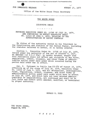 Revoking Executive Order No. 11796 of July 30, 1974, and Continuing in Effect Executive Order No. 11533 of June 4, 1970, Relating to the Administration of Export Controls