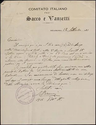 Comitato Italiano pro Sacco e Vanzetti autograph letter signed, in Italian, to Sacco-Vanzetti Defense Committee, Philadelphia, Pa., September 12, 1921
