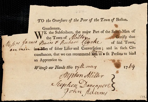 Nathan Procter indentured to apprentice with Richard [Rich] Clark of Milton, 9 May 1769