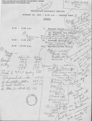 White House - Congressional Leadership Meeting, 10/28/69 (includes minutes and Ford notes)