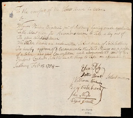 John Fendley indentured to apprentice with Phineas Brintnall, Jr. of Sudbury, 21 March 1754