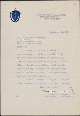 Herman A. MacDonald (Executive Department, Commonwealth of Massachusetts) typed letter signed to Joseph Moro, Boston, Mass., September 12, 1927