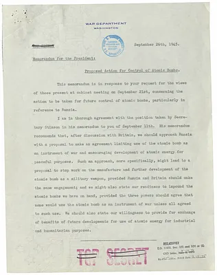 Memorandum from Acting Secretary of War Robert Patterson to President Harry S. Truman