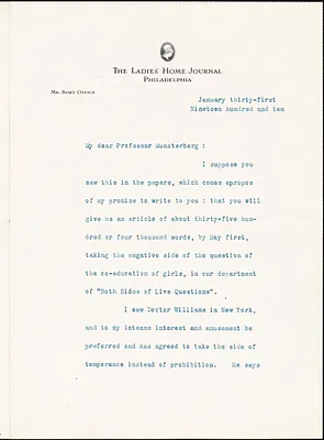 Bok, Edward William, 1863-1930 typed letter signed to Hugo Münsterberg, Philadelphia, 31 January 1910