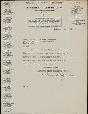 Anna Kaufman (American Civil Liberties Union) typed letter signed to Sacco Vanzetti Defense Committee, New York, New York.Y., February 18, 1922