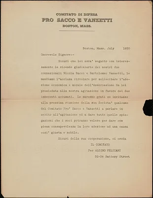 Aldino Felicani (Comitato di Difesa pro Sacco e Vanzetti) typed letter, in Italian, to Signore, Boston, Mass., July 1920