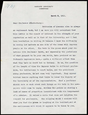 Lowell, A. Lawrence (Abbott Lawrence), 1856-1943 typed letter signed to Hugo Münsterberg, Cambridge, Mass., 9 March 1911