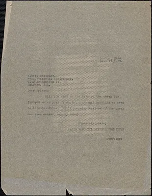 Sacco-Vanzetti Defense Committee typed letter (copy) to Albert Wechsler (Sacco-Vanzetti Conference of Chicago), Boston, Mass., January 17, 1927