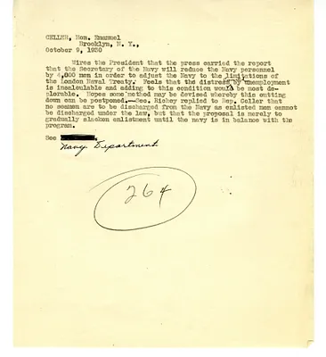 Secretary's Summary about a Message Regarding Unemployment in the Navy from Representative Emanuel Celler