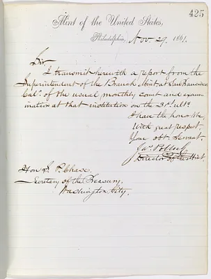 Letter from James Pollock, Director of the Mint to S. P. Chase, Secretary of the Treasury