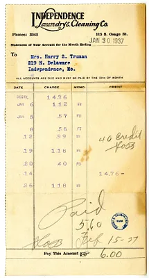 Bill from Independence Laundry & Cleaning Company