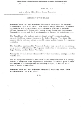Information on President's Meeting with President Leopold Senghor of the Republic of Senegal [Notice to Press]