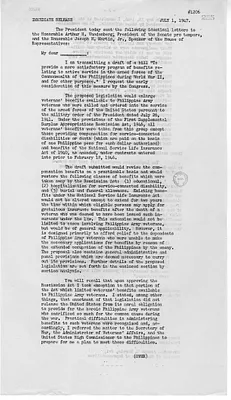 Press Release, Correspondence Between President Harry S. Truman and Senator Arthur Vandenberg and Congressman Joseph Martin