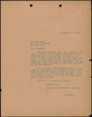 Sacco-Vanzetti Defense Committee typed letter to Russian Golas, Boston, Mass., December 15, 1923