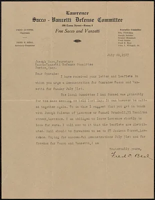 Fred E. Beal (Lawrence Sacco-Vanzetti Defense Committee) typed letter signed to Joseph Moro, Lawrence, Mass., July 20, 1927