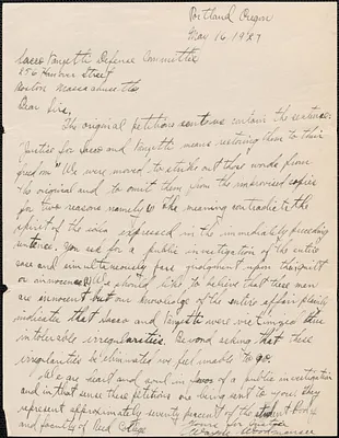 Wayne Woodmansee autograph letter signed to Sacco-Vanzetti Defense Committee, Portland, Ore., May 16, 1927