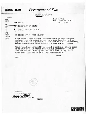 Telegram from Ambassador David K. E. Bruce to Secretary of State Dean Acheson