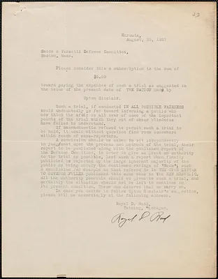 Royal D. Rood typed letter signed to Sacco-Vanzetti Defense Committee, Twining, Mich., August 25, 1927