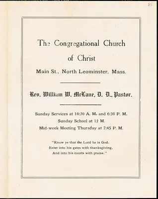 Congregational Church of Christ, North Leominster, calendar for the week of April 5, 1914