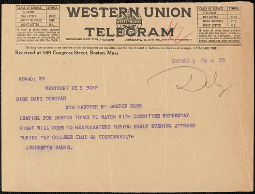 Jeannette Marks telegram to Mary Donovan, Westport, N.Y., August 9, 1927