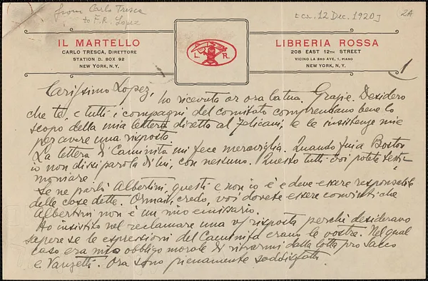 Carlo Tresca (Il Martello) autograph letter signed, in Italian, to Frank Lopez, New York, N. Y., approximately [December 12, 1920]