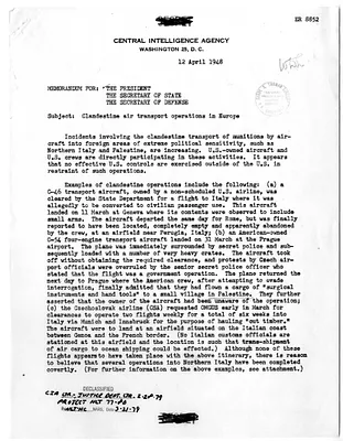 Memorandum from Rear Admiral R. H. Hillenkoetter to President Harry S. Truman, Secretary of State George Marshall, and Secretary of Defense James Forrestal, with Attachment