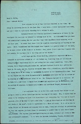 Bartolomeo Vanzetti typed letter (copy) Mary D. Brite, Dedham, 5 June 1927