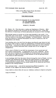 Text of Remarks to Be Delivered by the President at Market Square, Krakow, Poland [Ford Speech or Statement]