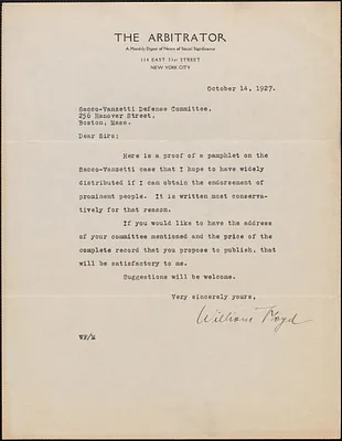 William Floyd (The Arbitrator) typed letter signed to Sacco-Vanzetti Defense Committee, New York, N. Y., October 14, 1927