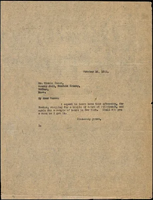 Typed note to Nicola Sacco, Boston, 26 October 1922