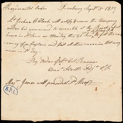 Regimental order to Lt. Joshua C. Clark for meeting to fill vacancy of captain and officers