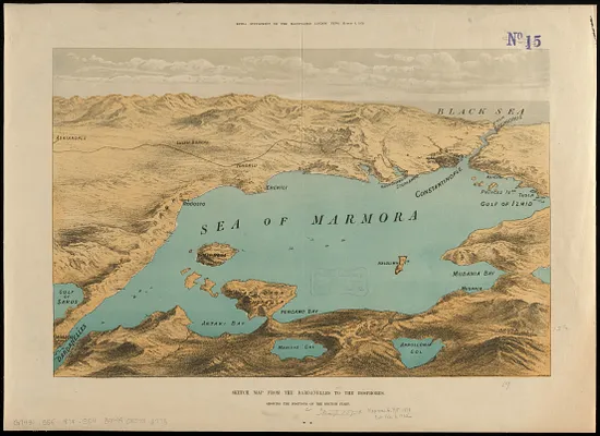 Sketch map from the Dardanelles to the Bosphorus showing the positions of the British fleet