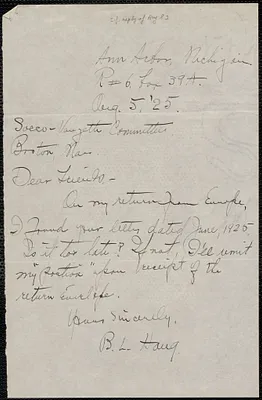 B. L. Haug autograph note signed to Sacco-Vanzetti Defense Committee, Ann Arbor, Mich., August 5, 1927