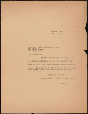 Sacco-Vanzetti Defense Committee typed note (copy) to American Civil Liberties Union, Boston, Mass., May 13, 1927