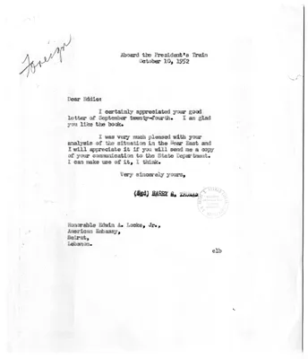 Letter from President Harry S. Truman to Edwin Locke, Jr.