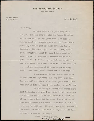 Gertrude Winslow (The Community Church) typed letter signed to Mary Donovan, Boston, Mass., October 13, 1927