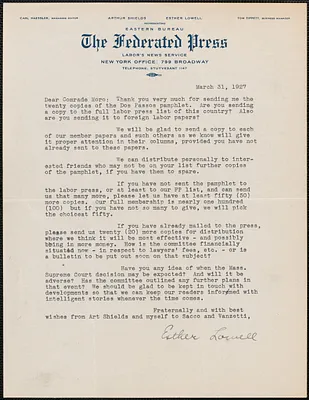 Esther Lowell (The Federated Press) typed letter signed to Joseph Moro, New York, N.Y., March 31, 1927