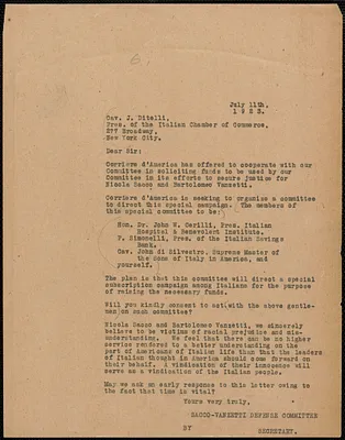 Sacco-Vanzetti Defense Committee typed letter (copy) to J. Ditelli (Italian Chamber of Commerce), Boston, Mass., July 11, 1923