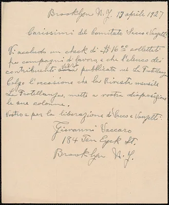 Giovanni Vaccaro autograph note signed, in Italian, to Sacco-Vanzetti Defense Committee, Brooklyn, N.Y., April 13, 1927