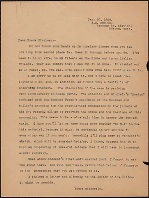 [Gardner Jackson] typed letter (copy) to Freda Kirchwey (The Nation), Boston, Mass., January 30, 1928