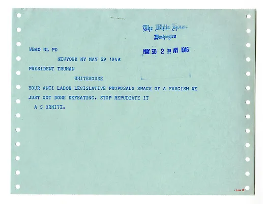 Telegram from A. S. Ornitz to President Harry S. Truman