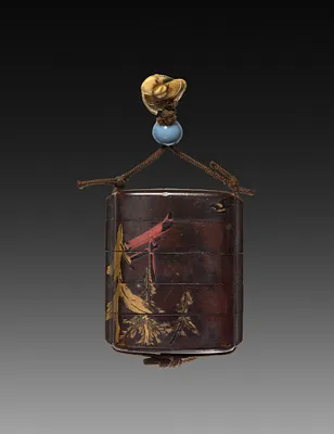 Inro with Shrine Gate and Figure Shooting Bird