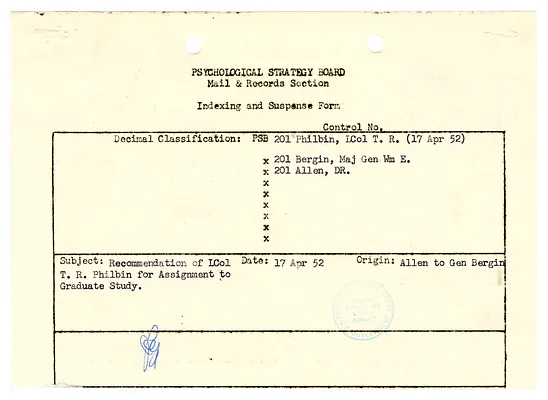 Memorandum for the Record re Recommendation of Lieutenant Colonel T. R. Philbin, with Attachments