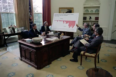 President  Ronald Reagan meeting with David Stockman, Don Regan, Murray Weidenbaum and Martin Anderson to discuss the economy in Oval Office