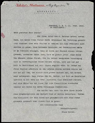 Keibel, Franz, 1861-1929 typed letter  to Hugo Münsterberg, Freiburg i.B., 11 February 1912